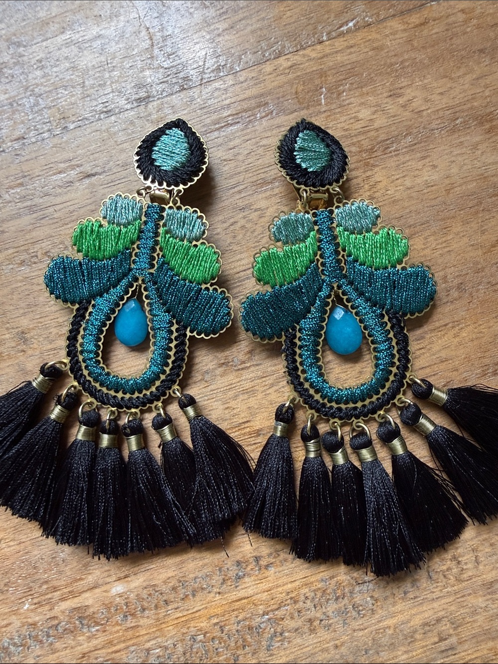 Merceds Salazar Green & Teal Embroidered Tassel Drop